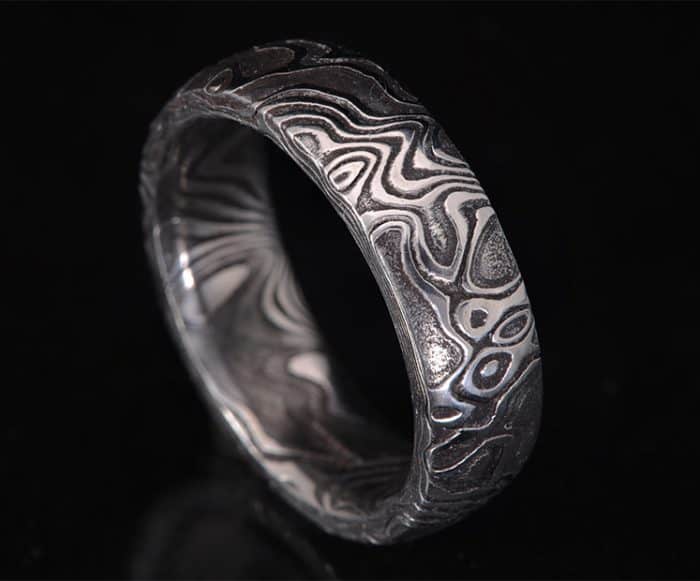Damascus steel blackened wedding band