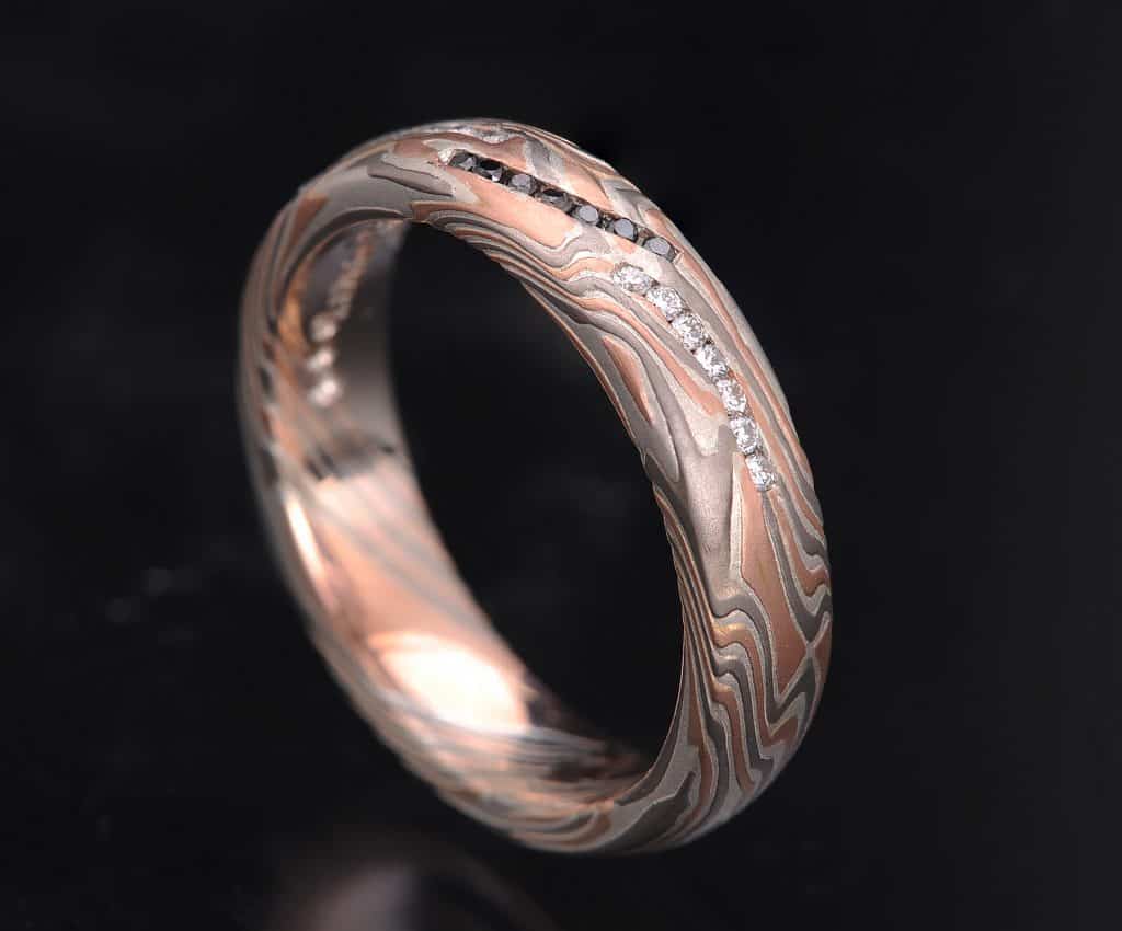 black and white diamond mokume ring