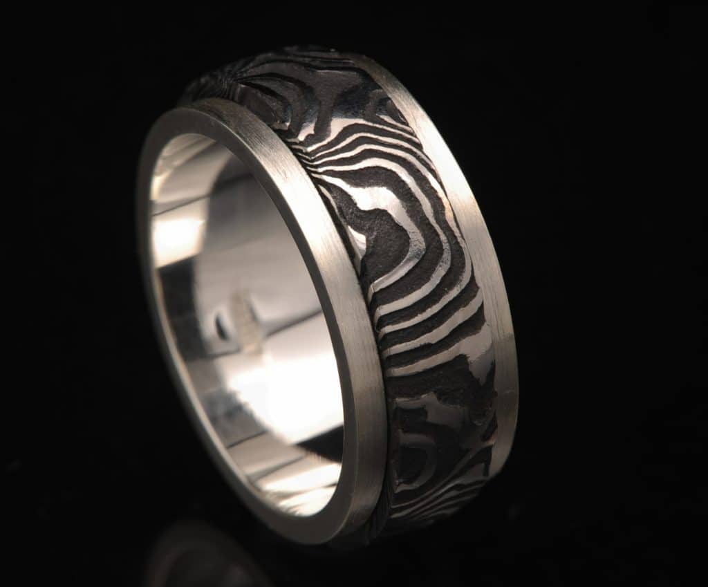DAMASCUS STAINLESS STEEL-DARKENED and SILVER RING