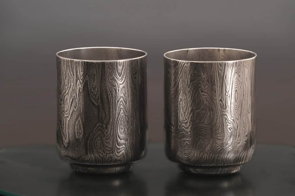 Damascus steel sake cups
