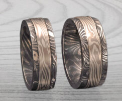 Modern palladium & blackened Damascus steel ring
